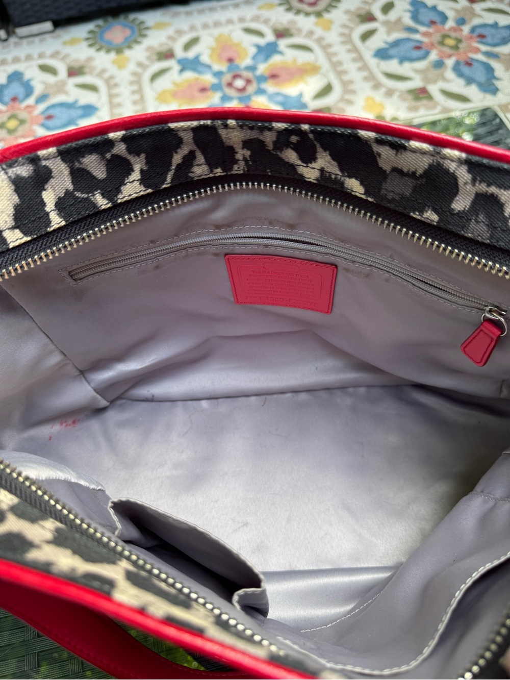 Coach Park Ocelot Leopard Print Canvas Tote Red Leather Shoulder Bag - Picture 6 of 7